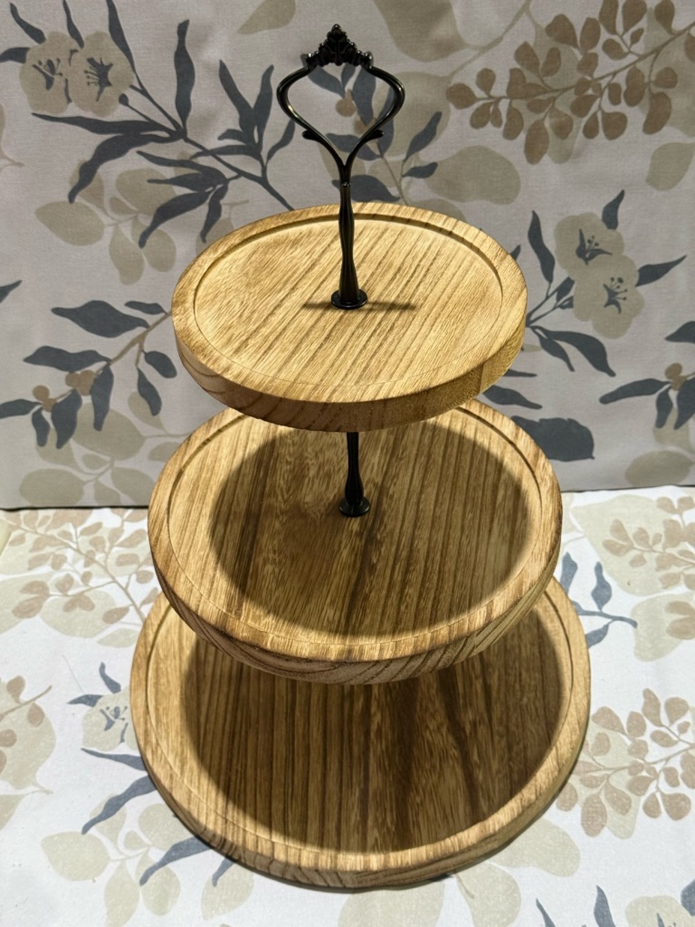 3-Tier Wooden Serving Stand - Medium color Natural Wood with Black accessories. - Picture 2 of 4